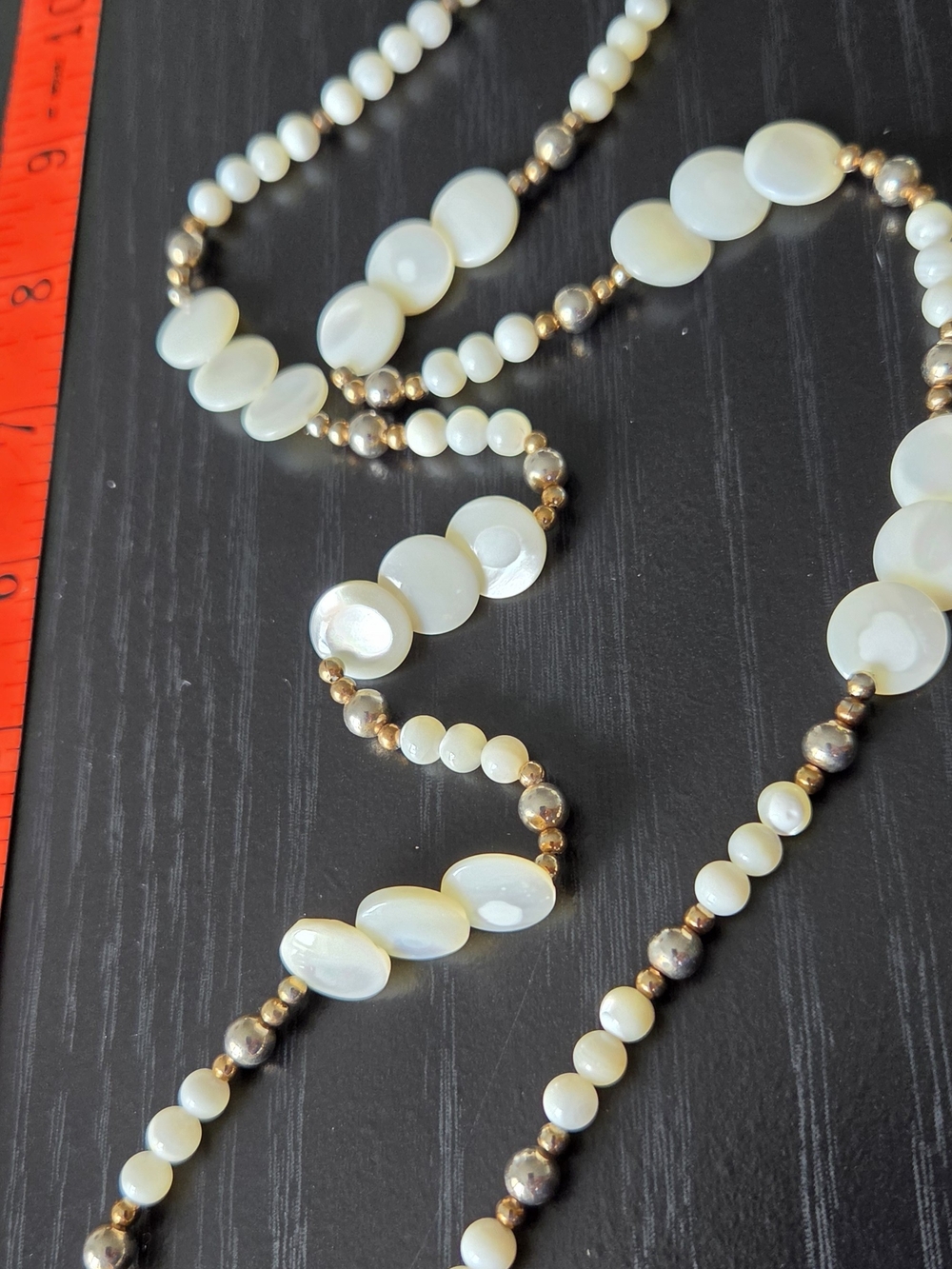 Vintage Cream Mother-of-Pearl  Necklace With Silvertone And Goldtone Beads.